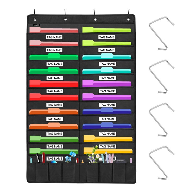 Sinzip Heavy Duty 20 Pocket Door Hanging File Organizer with Name Tag Holders, Black Wall Storage Pocket Charts with 4 Hangers, Great for Classroom, School, Home or Office Use (20 Nametag Pocket) - Image 1